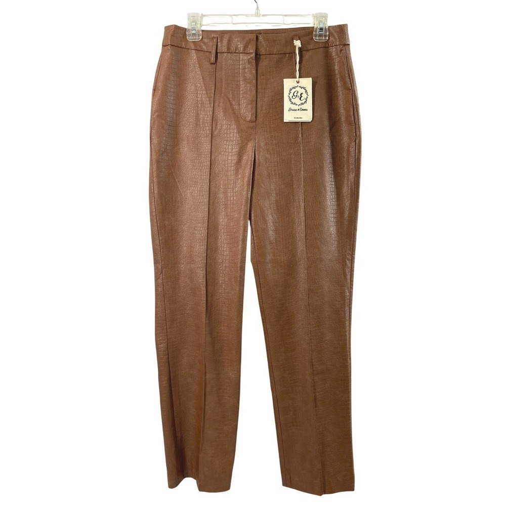 Grace & Emma Pants Women L Brown Faux Leather Croc Embossed‎ Slacks Indie NWT